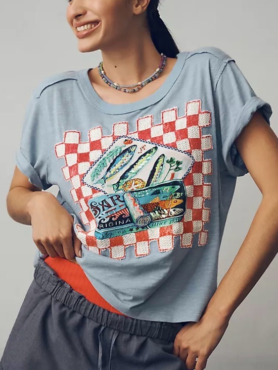 Anthropologie Tops - Anthropologie Light Blue Short-Sleeve Graphic Tee with Red Checkerboard